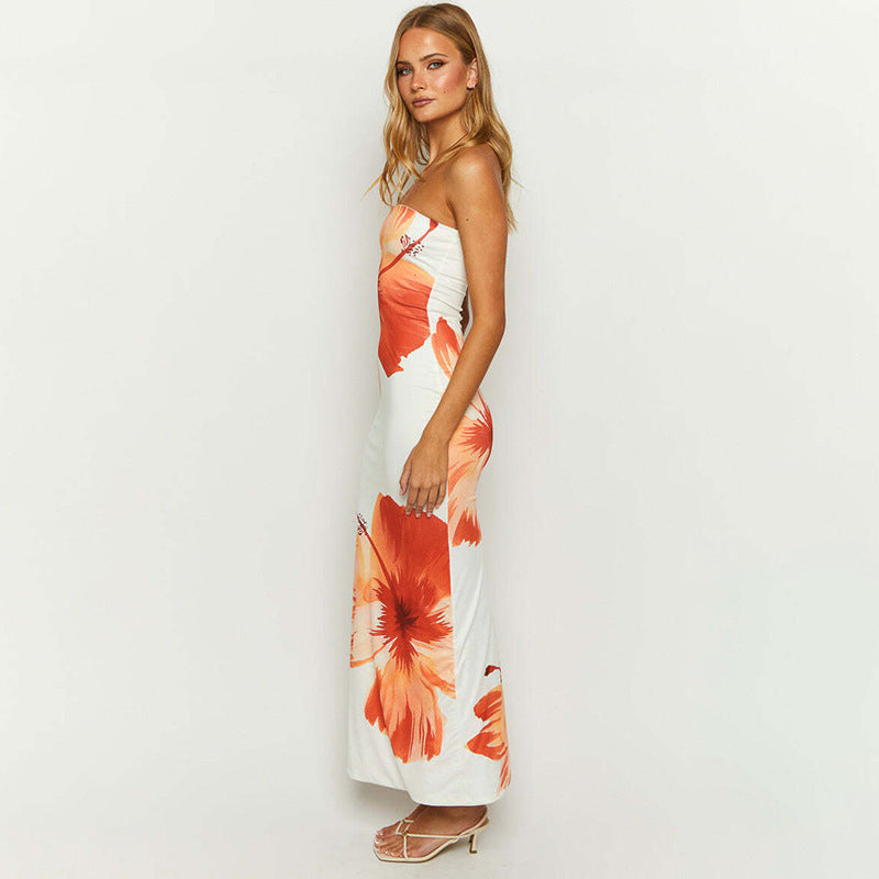 Floral Printed Strapless Bodycon Maxi Dress
