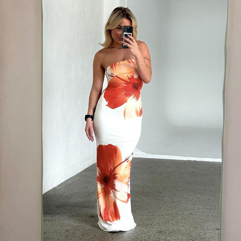 Floral Printed Strapless Bodycon Maxi Dress
