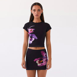 Black & Purple Printed Top with Skirt