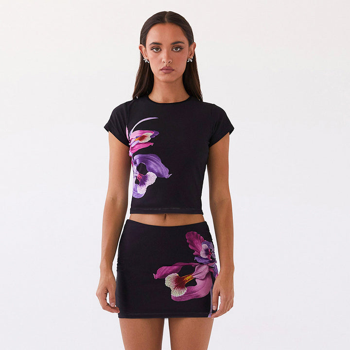 Black & Purple Printed Top with Skirt