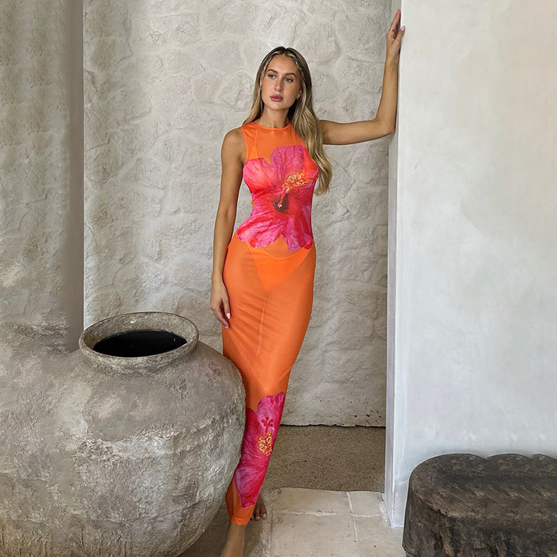 Floral Printed Georgette Bodycon Maxi Dress