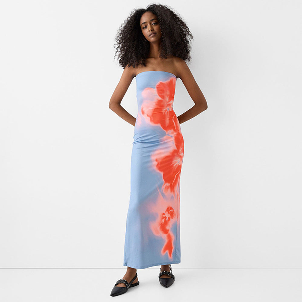 Tie and Dye Strapless Sheath Maxi Dress