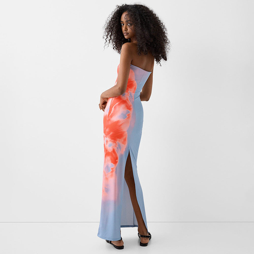 Tie and Dye Strapless Sheath Maxi Dress