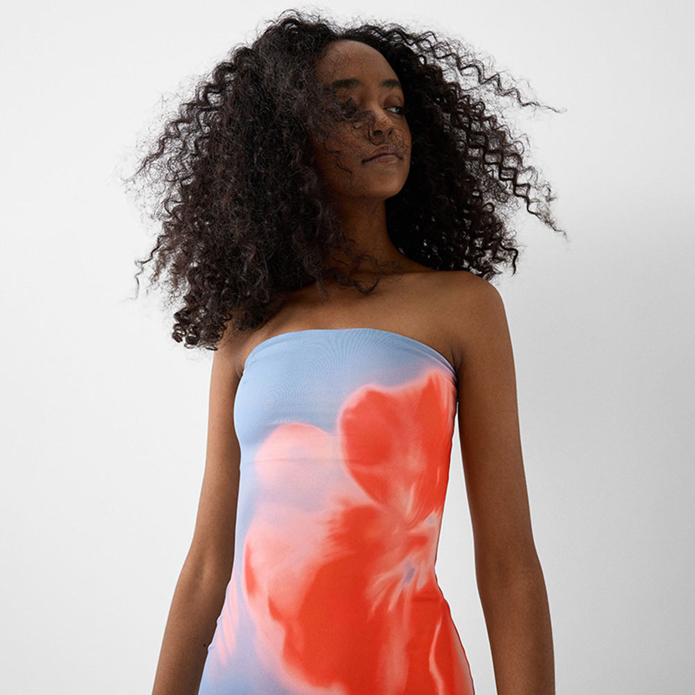 Tie and Dye Strapless Sheath Maxi Dress