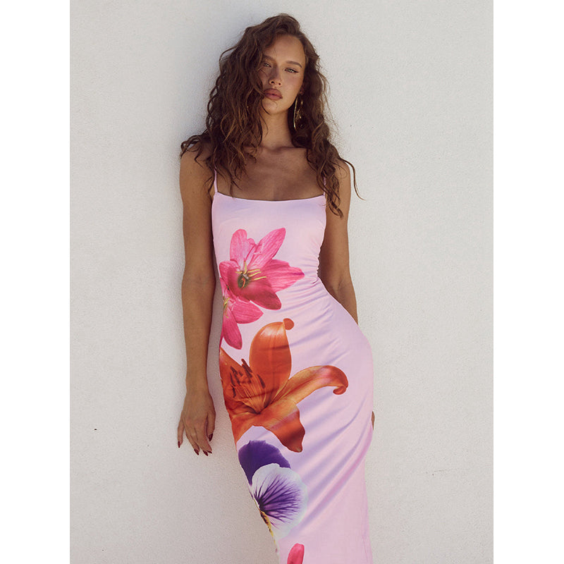 Floral Printed Shoulder Straps Bodycon Maxi Dress