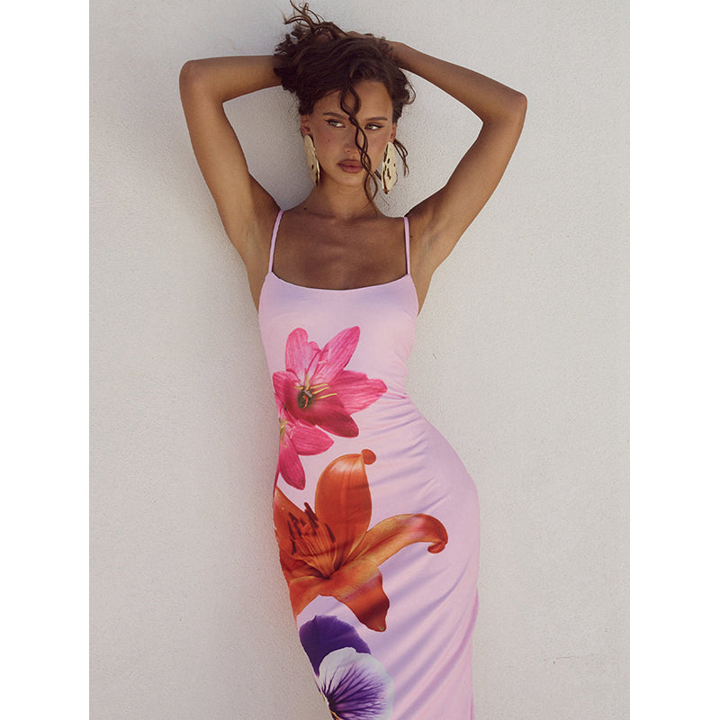 Floral Printed Shoulder Straps Bodycon Maxi Dress