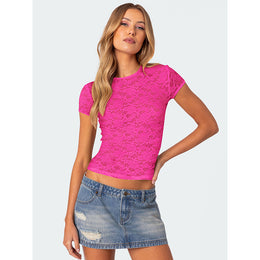 Women Self Design Sheer Round Neck Polyester Top