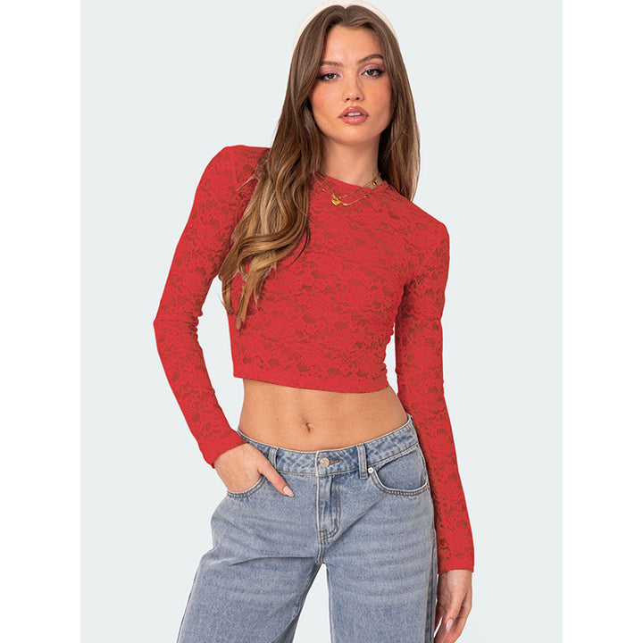 Women Self Design Sheer Round Neck Polyester Top