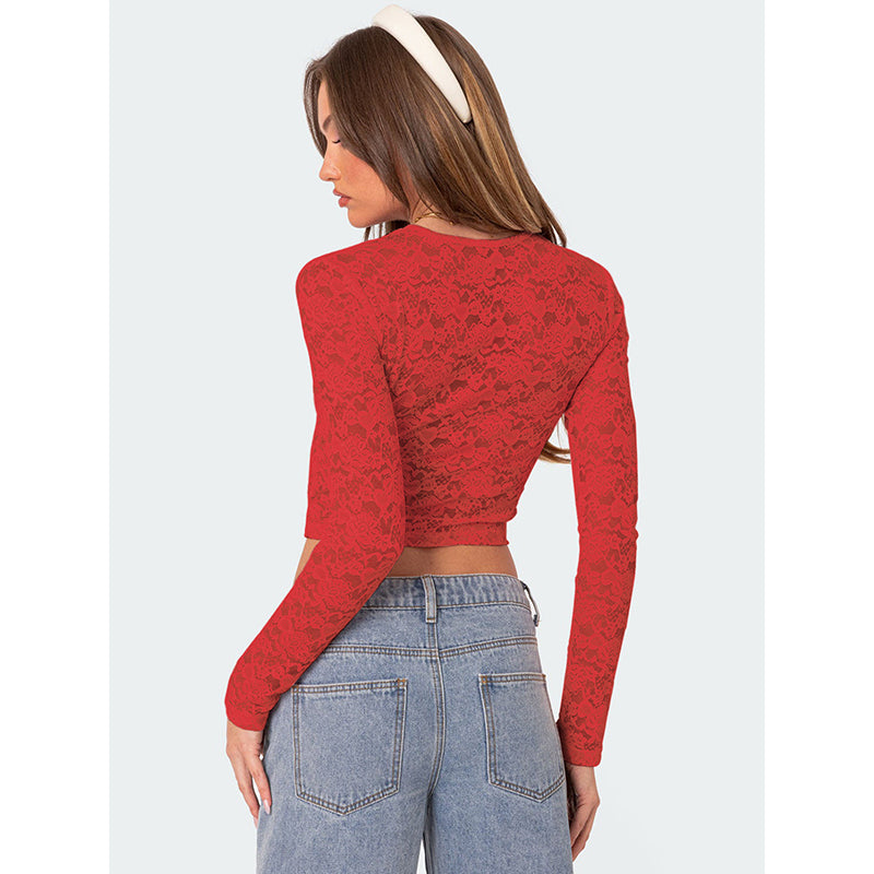 Women Self Design Sheer Round Neck Polyester Top