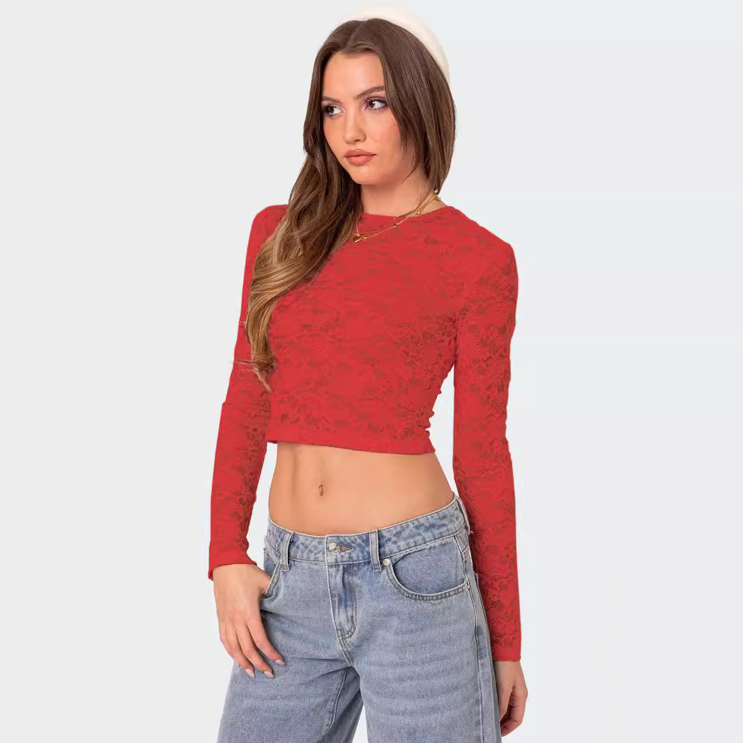 Women Self Design Sheer Round Neck Polyester Top