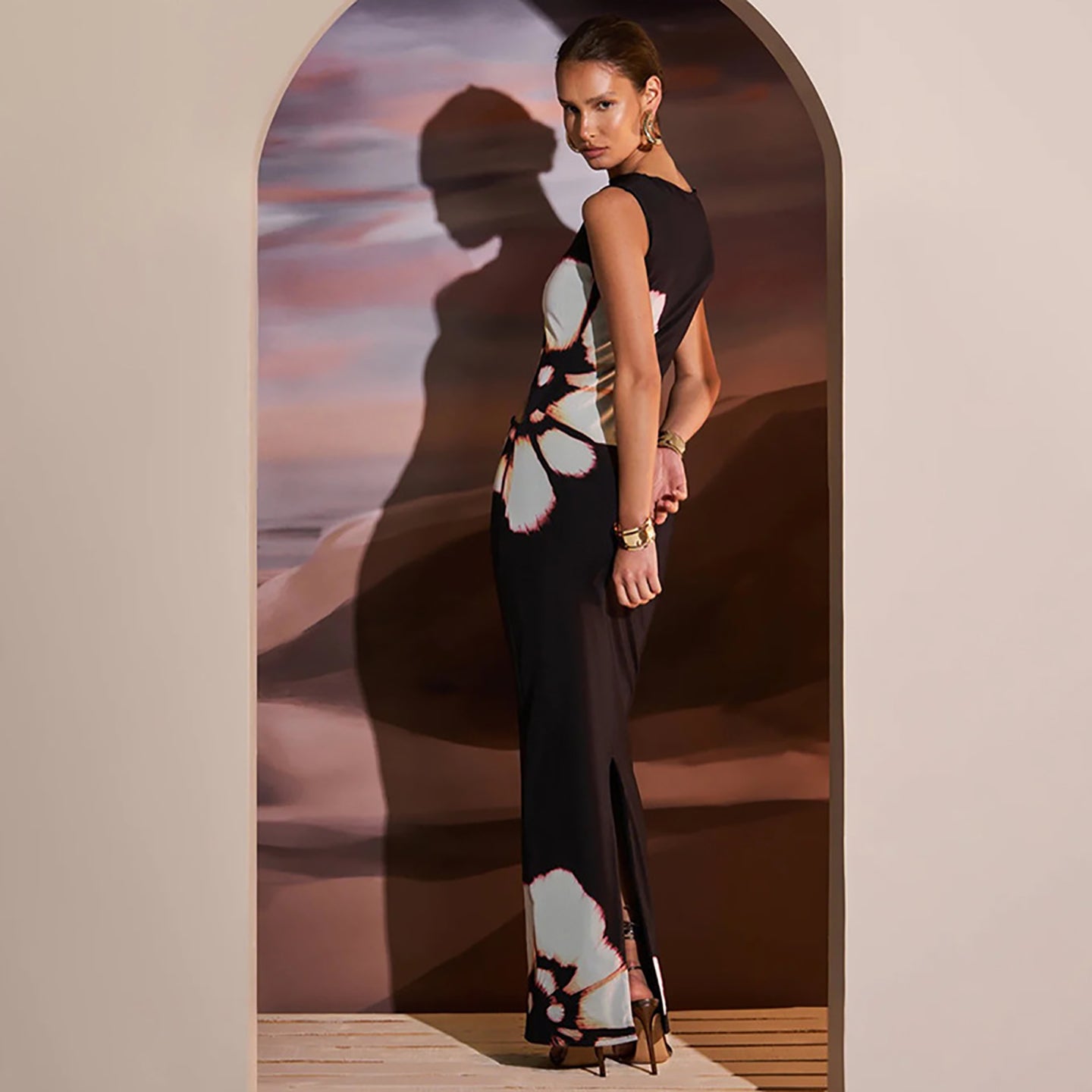 Floral Printed Georgette Cut-Out Detail Bodycon Maxi Dress