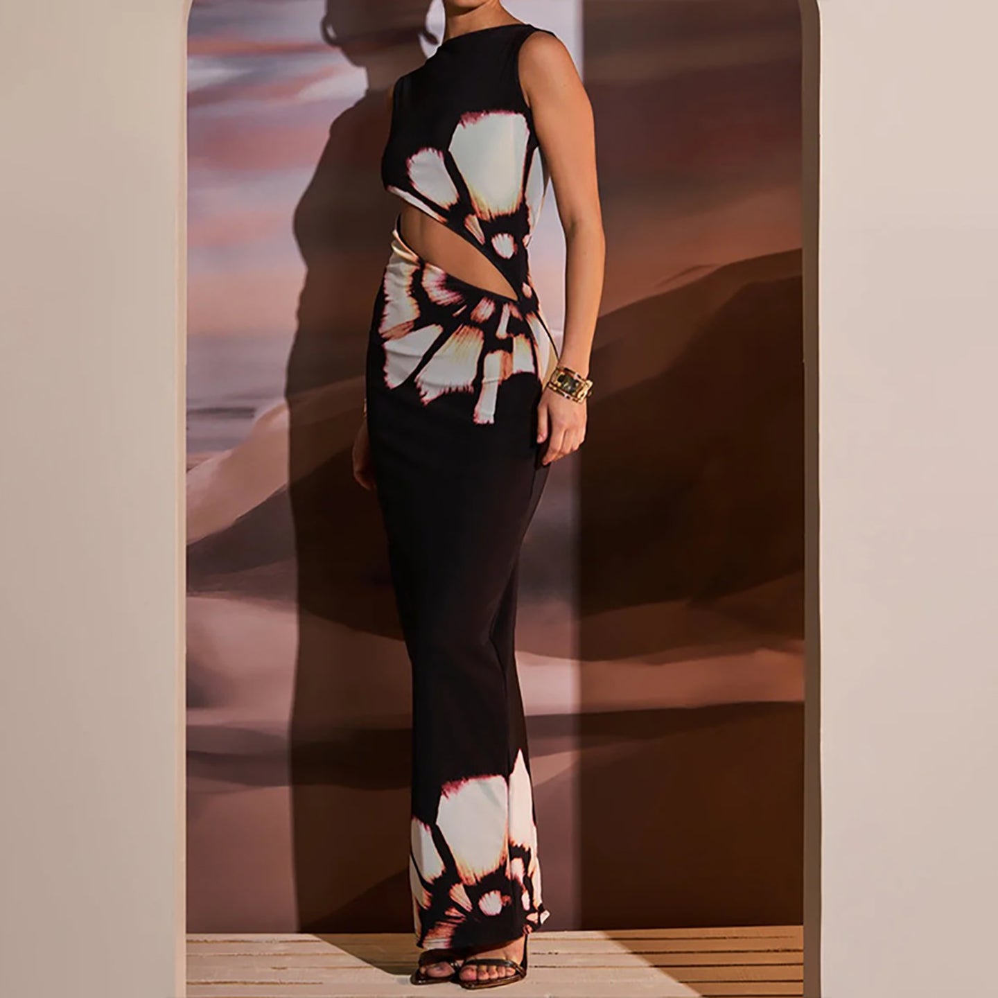 Floral Printed Georgette Cut-Out Detail Bodycon Maxi Dress