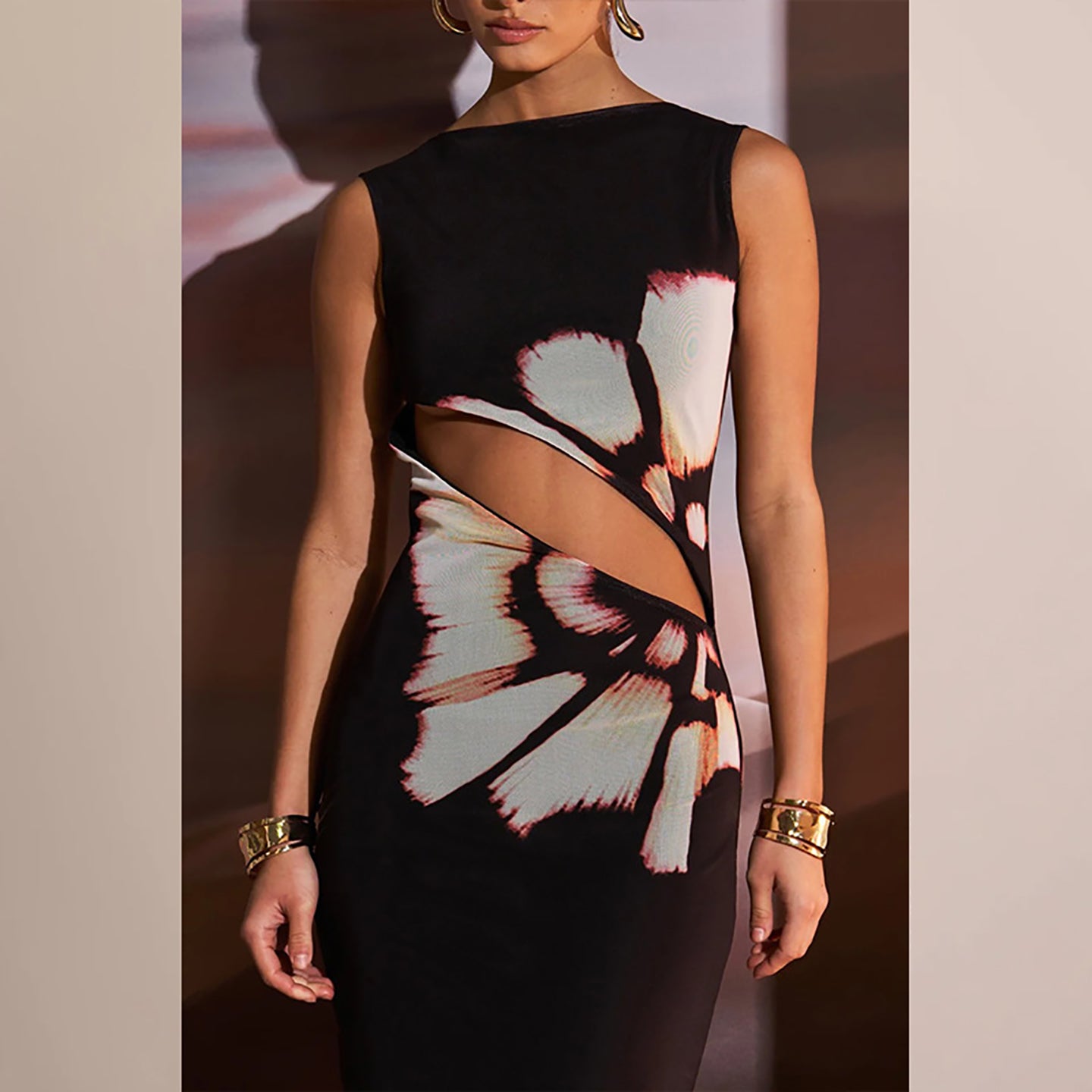 Floral Printed Georgette Cut-Out Detail Bodycon Maxi Dress