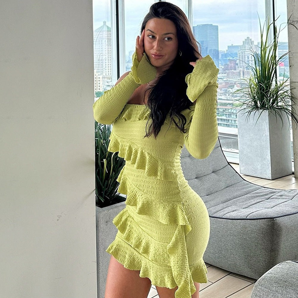 Solid Off-Shoulder Ruffled Bodycon Mini Dress