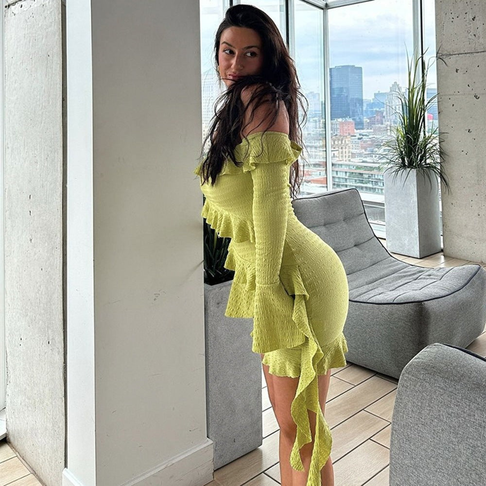 Solid Off-Shoulder Ruffled Bodycon Mini Dress