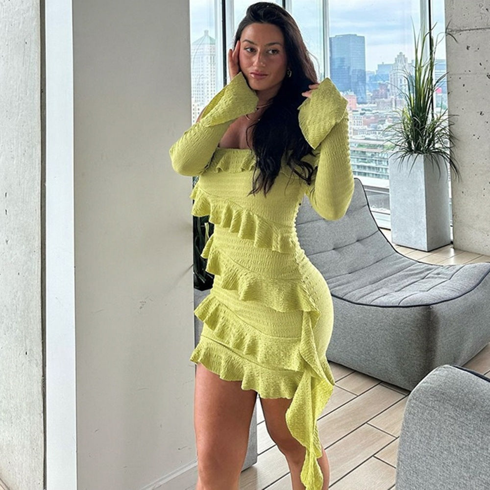 Solid Off-Shoulder Ruffled Bodycon Mini Dress