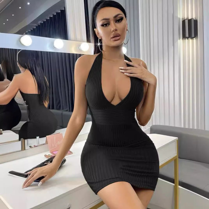 Halter Neck Sleeveless Striped Bodycon Dress