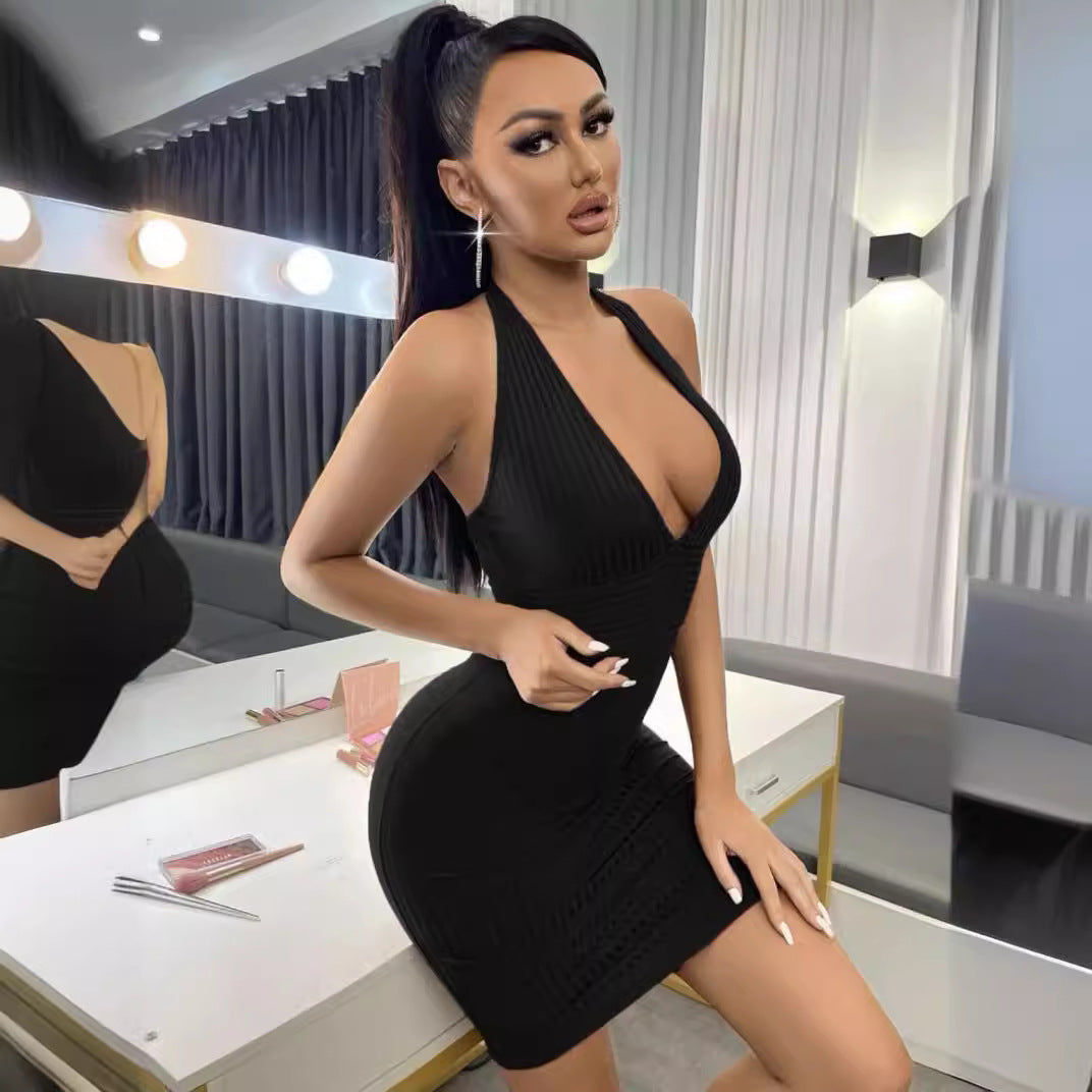 Halter Neck Sleeveless Striped Bodycon Dress