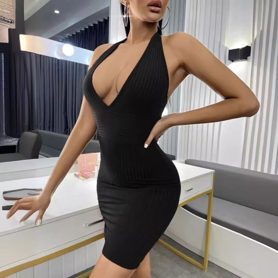 Halter Neck Sleeveless Striped Bodycon Dress