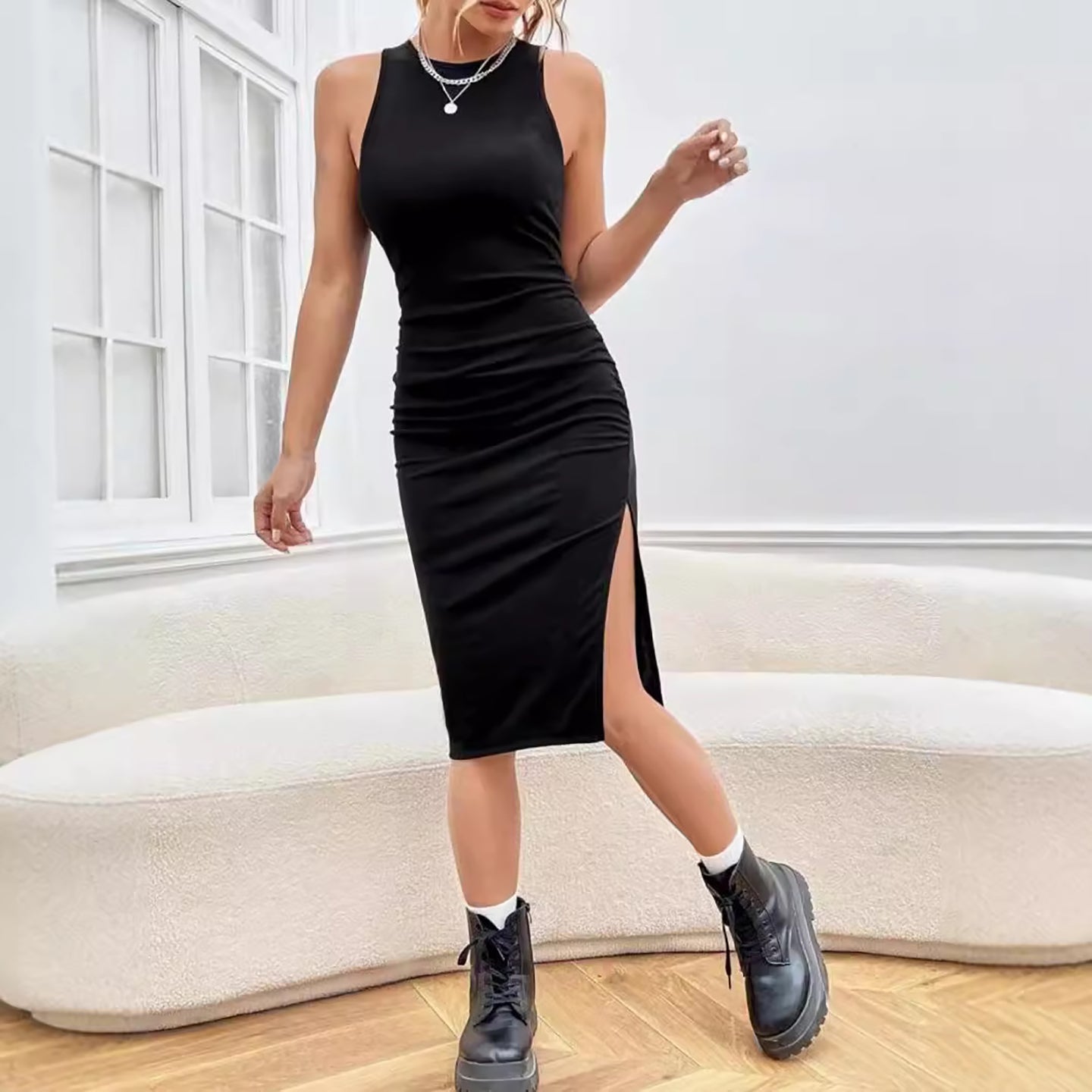 Solid Round Neck Bodycon Dress