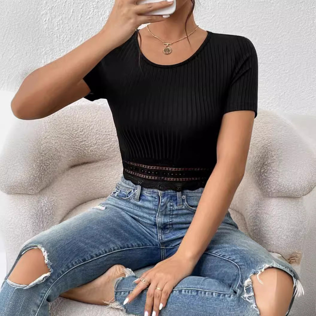 Black Round Neck Striped Top