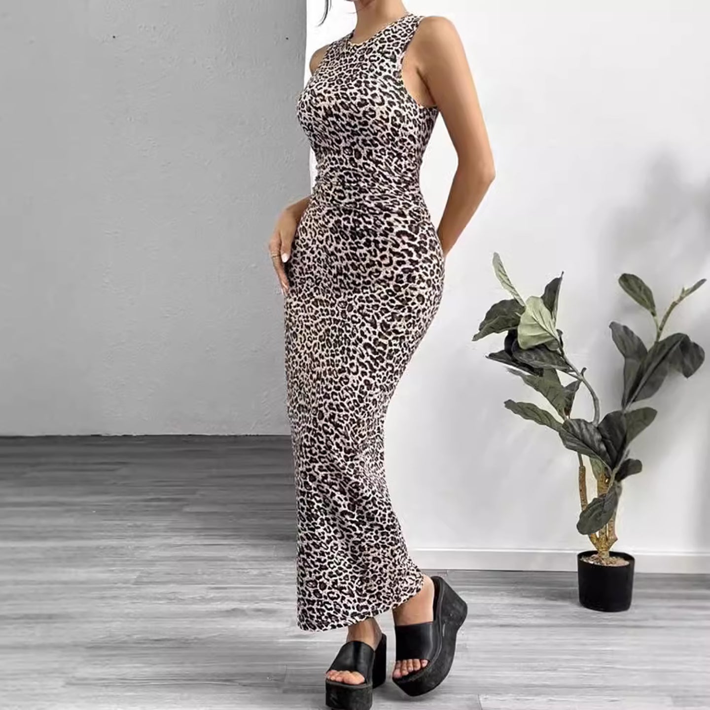 Women Animal Print Bodycon Maxi Dress
