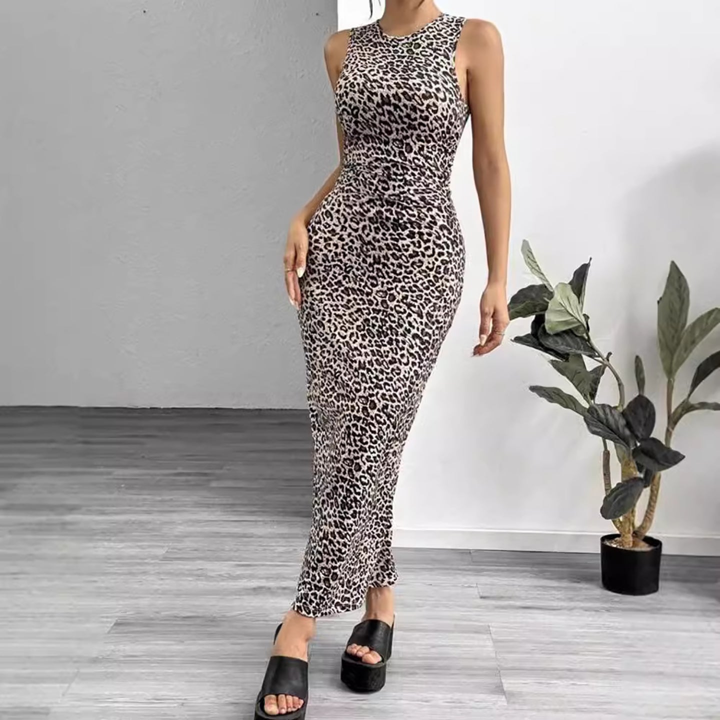 Women Animal Print Bodycon Maxi Dress
