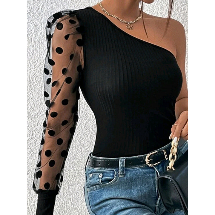 Striped One Shoulder Puff Sleeves Semi Sheer Fitted Top