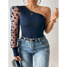 Striped One Shoulder Puff Sleeves Semi Sheer Fitted Top