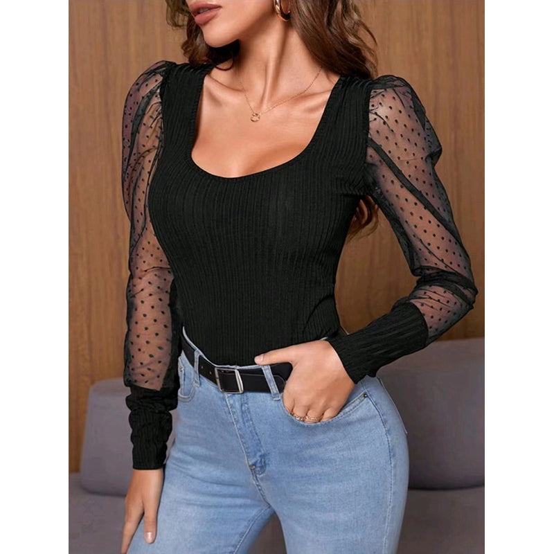 Long Sleeves Square Neck Net Top