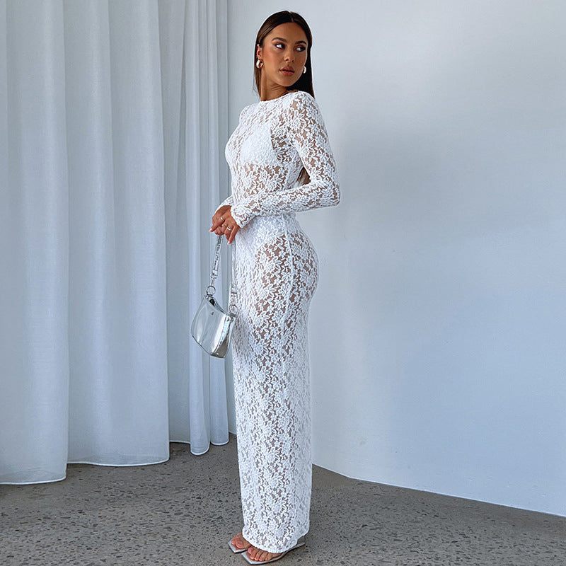 White Lace Maxi Dress with Long Sleeves