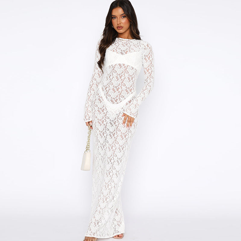White Lace Maxi Dress with Long Sleeves