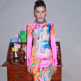 Pink Abstract Printed Bodycon Maxi Dress