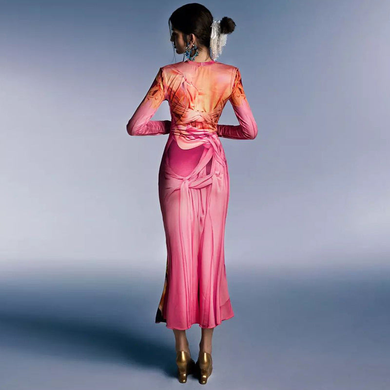 Pink Abstract Printed Bodycon Maxi Dress