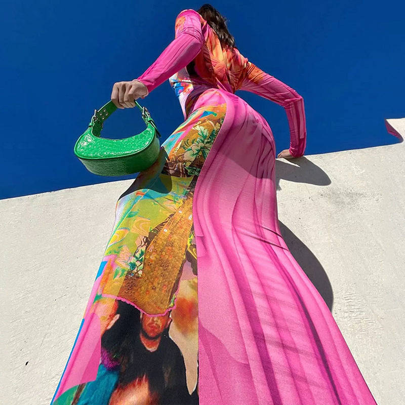 Pink Abstract Printed Bodycon Maxi Dress