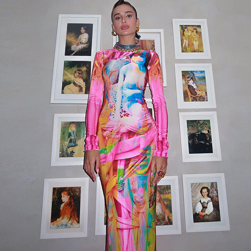 Pink Abstract Printed Bodycon Maxi Dress