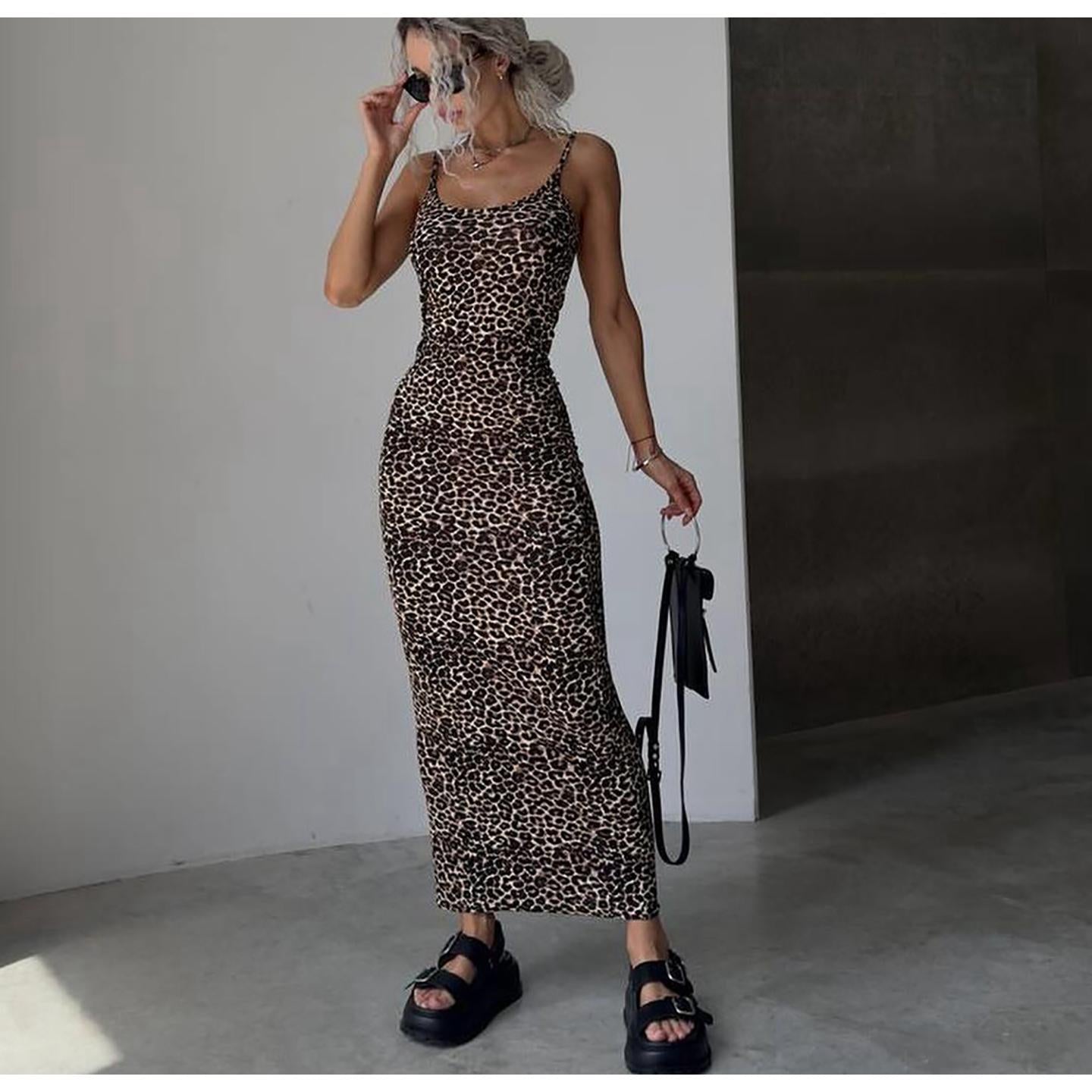 Animal Printed Shoulder Straps Bodycon Maxi Dress