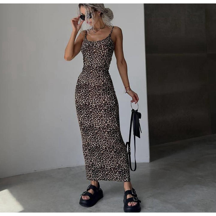 Animal Printed Shoulder Straps Bodycon Maxi Dress