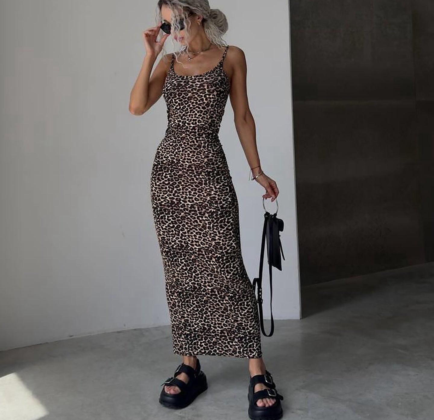 Animal Printed Shoulder Straps Bodycon Maxi Dress