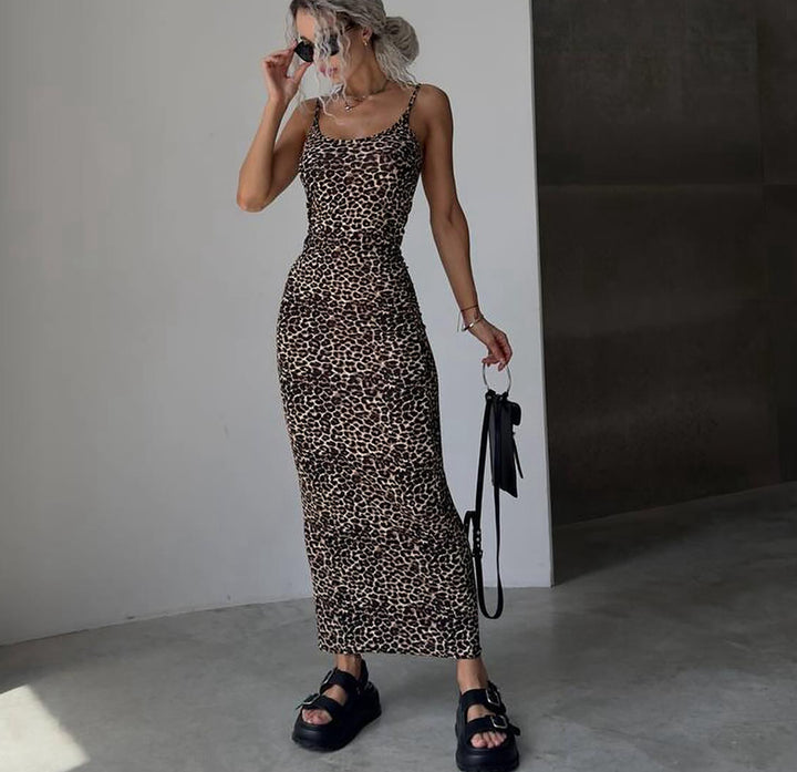 Animal Printed Shoulder Straps Bodycon Maxi Dress