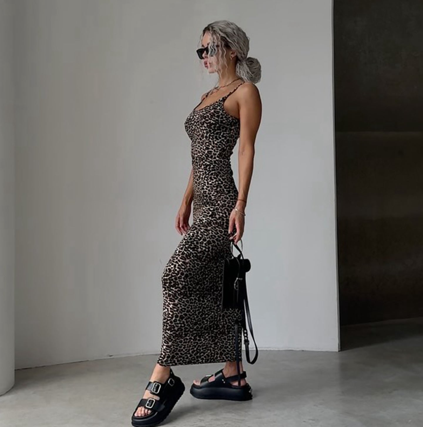 Animal Printed Shoulder Straps Bodycon Maxi Dress