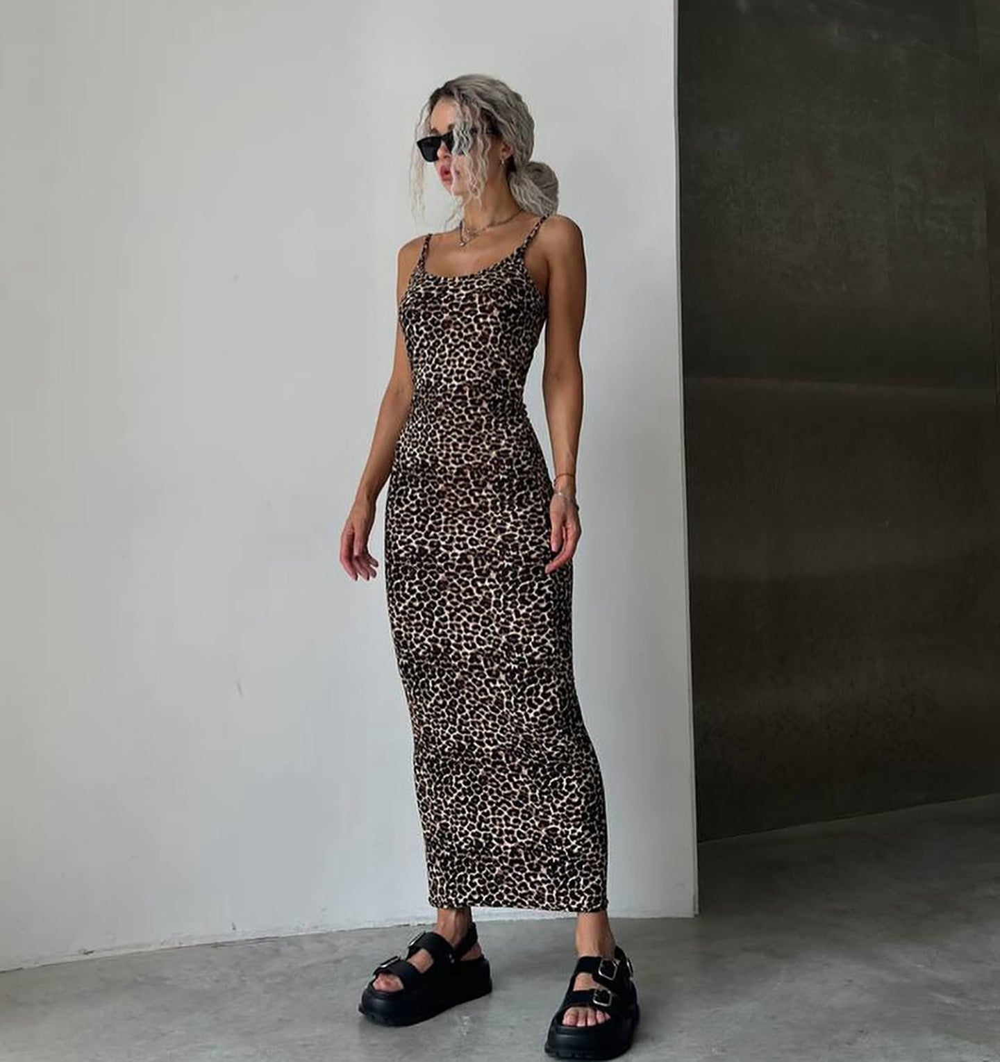Animal Printed Shoulder Straps Bodycon Maxi Dress