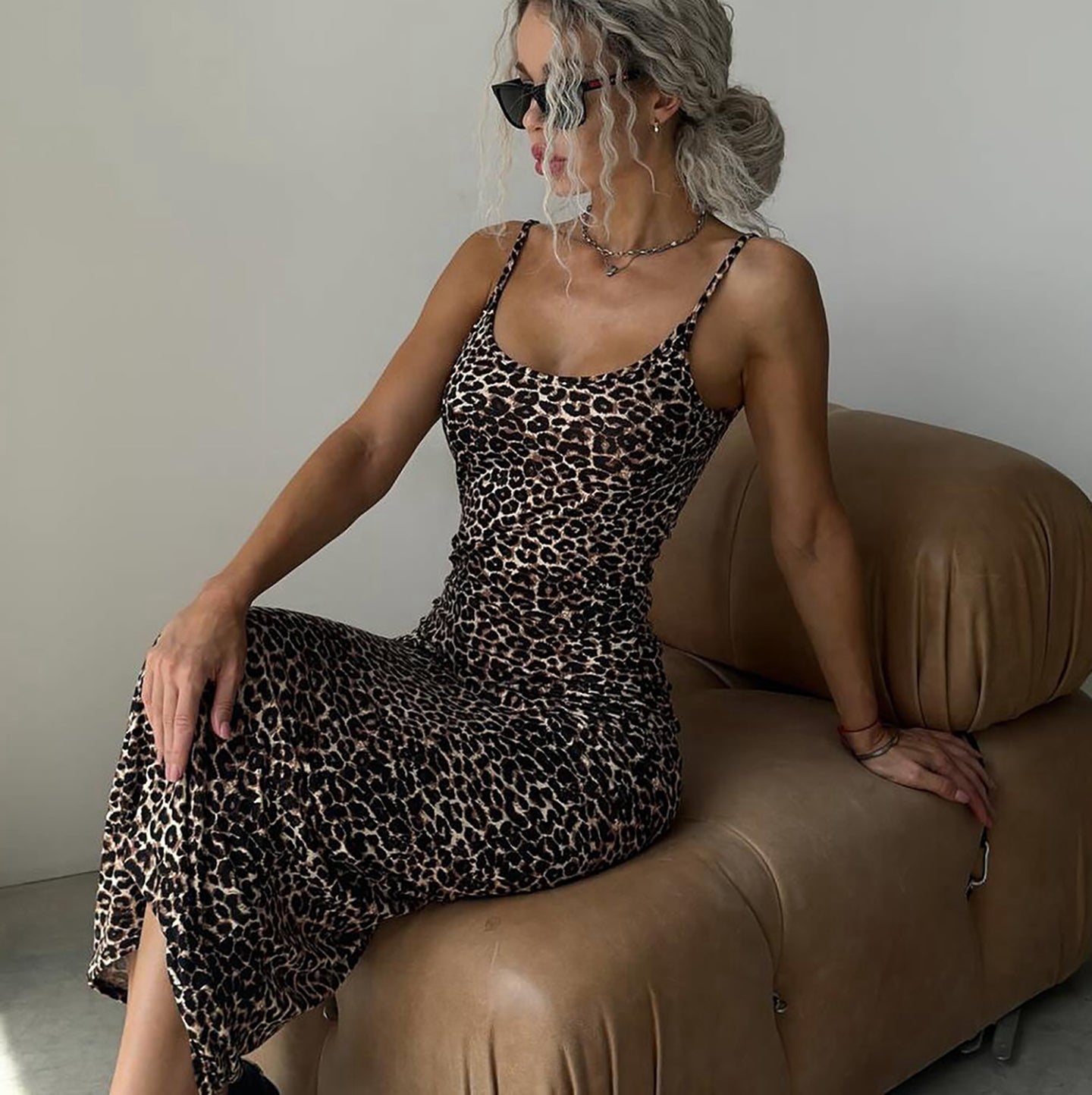 Animal Printed Shoulder Straps Bodycon Maxi Dress
