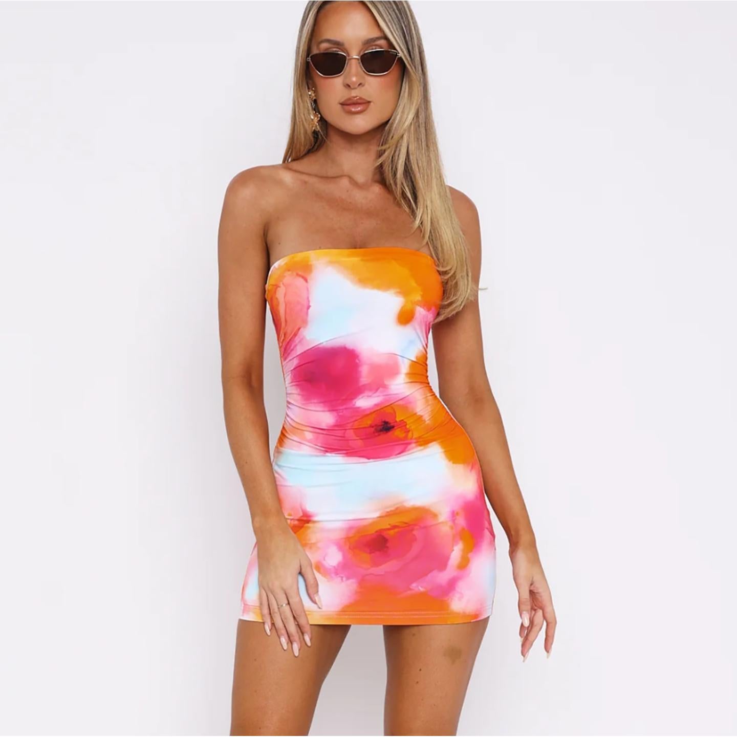 Tie and Dye Strapless Bodycon Mini Dress