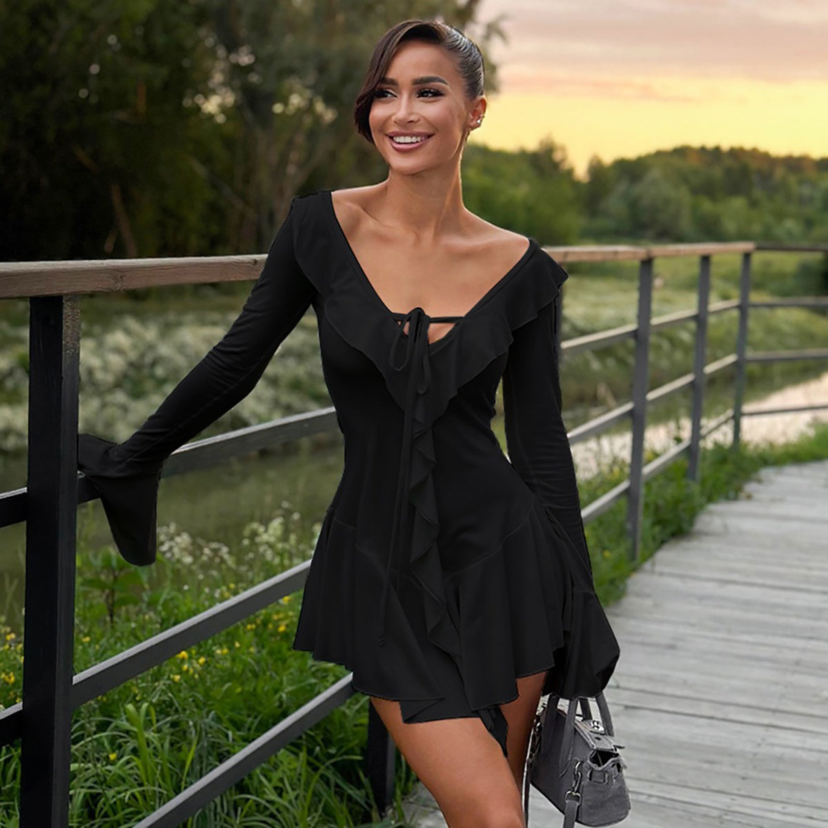 Solid Ruffled Sheath Mini Dress