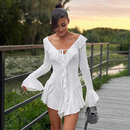 Bell Sleeve Ruffled Drop-Waist Mini Dress