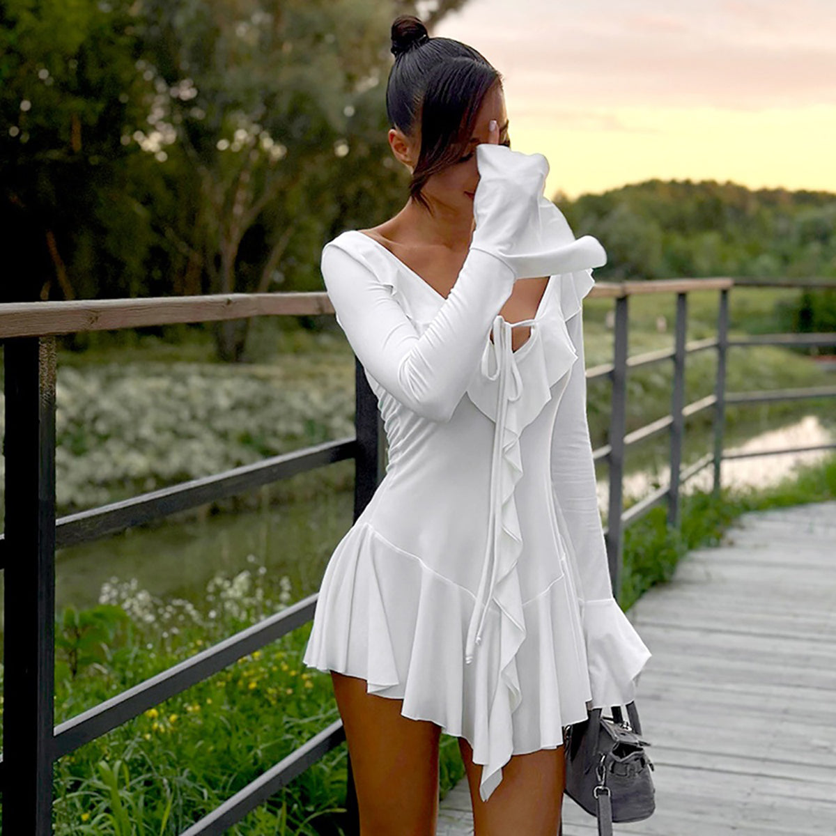 Bell Sleeve Ruffled Drop-Waist Mini Dress