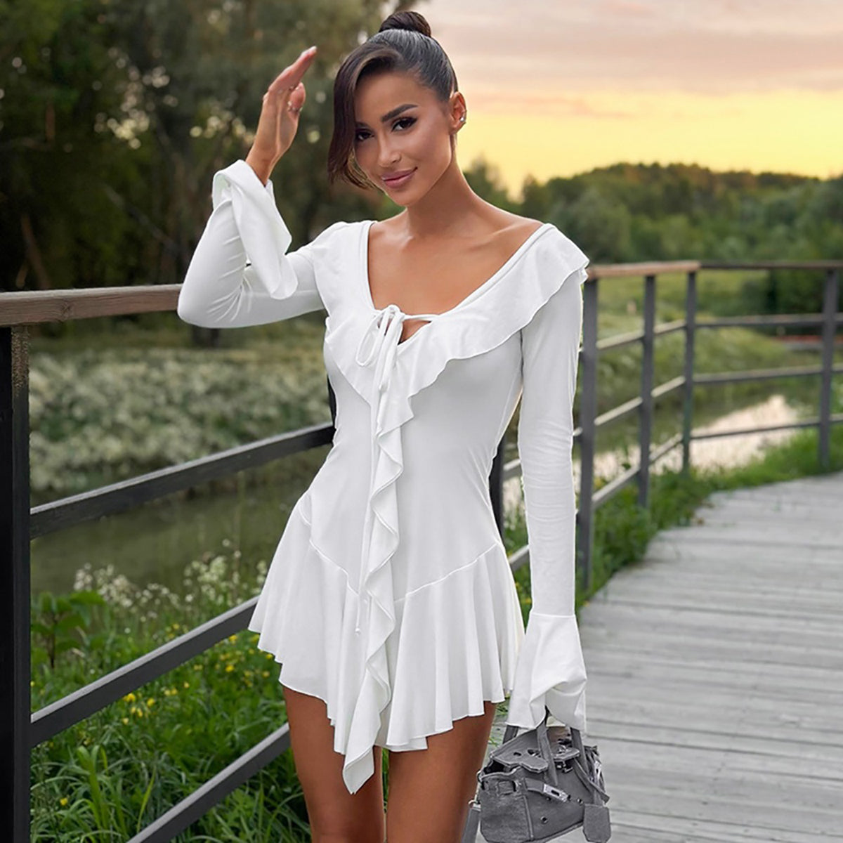 Bell Sleeve Ruffled Drop-Waist Mini Dress