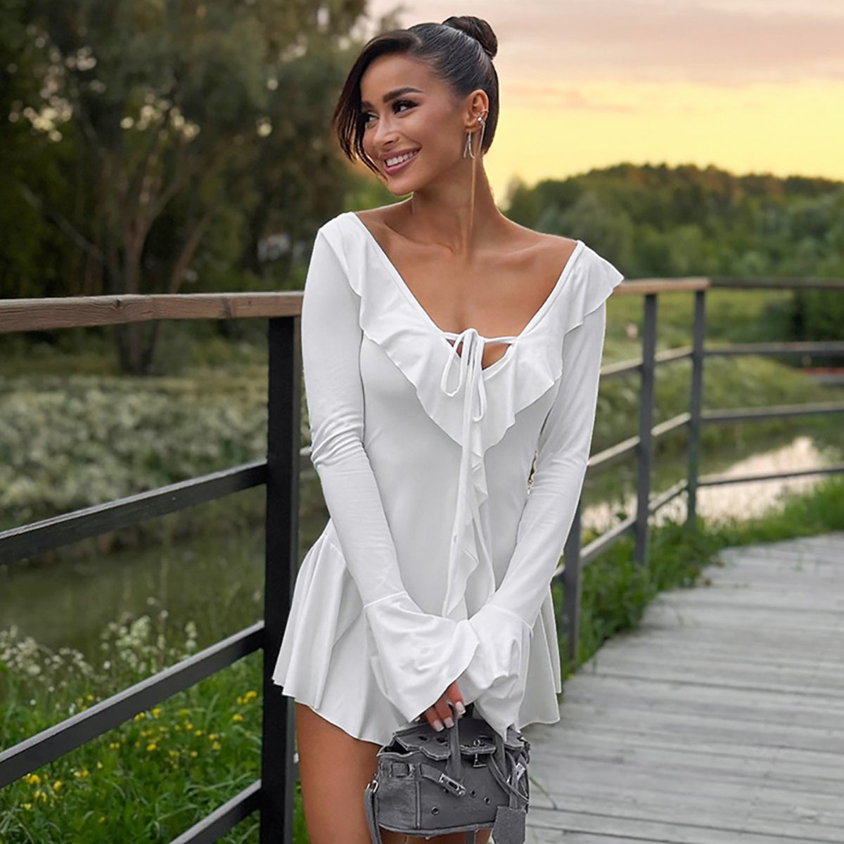 Bell Sleeve Ruffled Drop-Waist Mini Dress