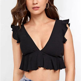 Black V Neck Flutter Sleeve Crop Top